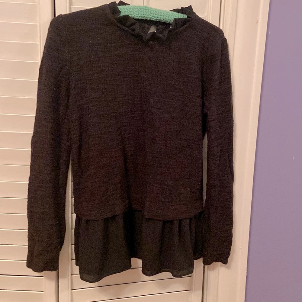 LOFT Black Knit Sweater with ruffle hemline and neck Small